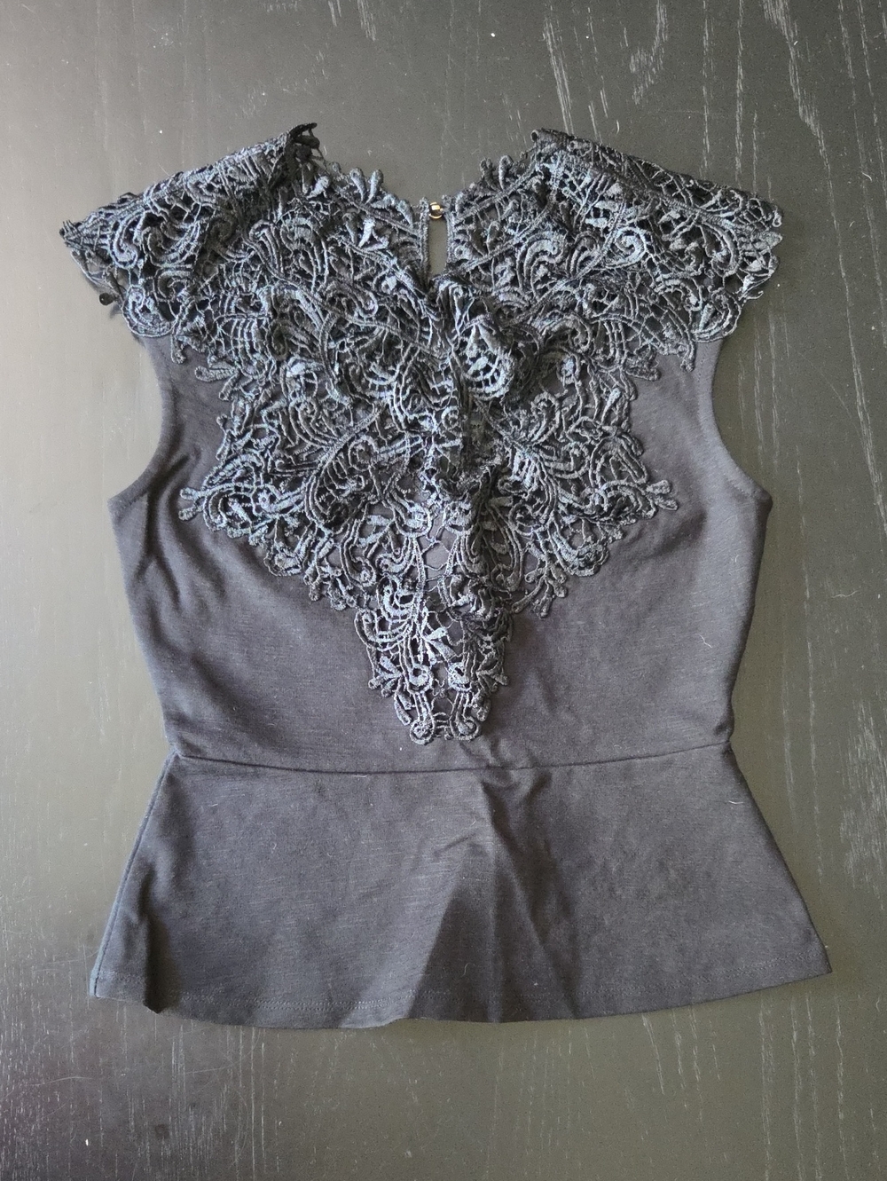 bebe Black Lace Appliqué Peplum Top